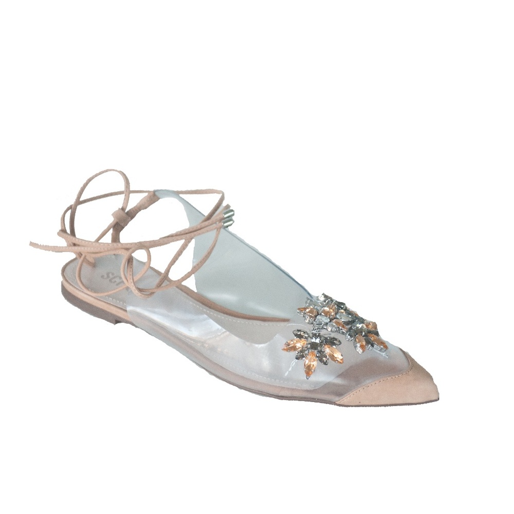 Schutz Clear Vinyl Pointed Toe Rhinestone Ankle Wrap Flats